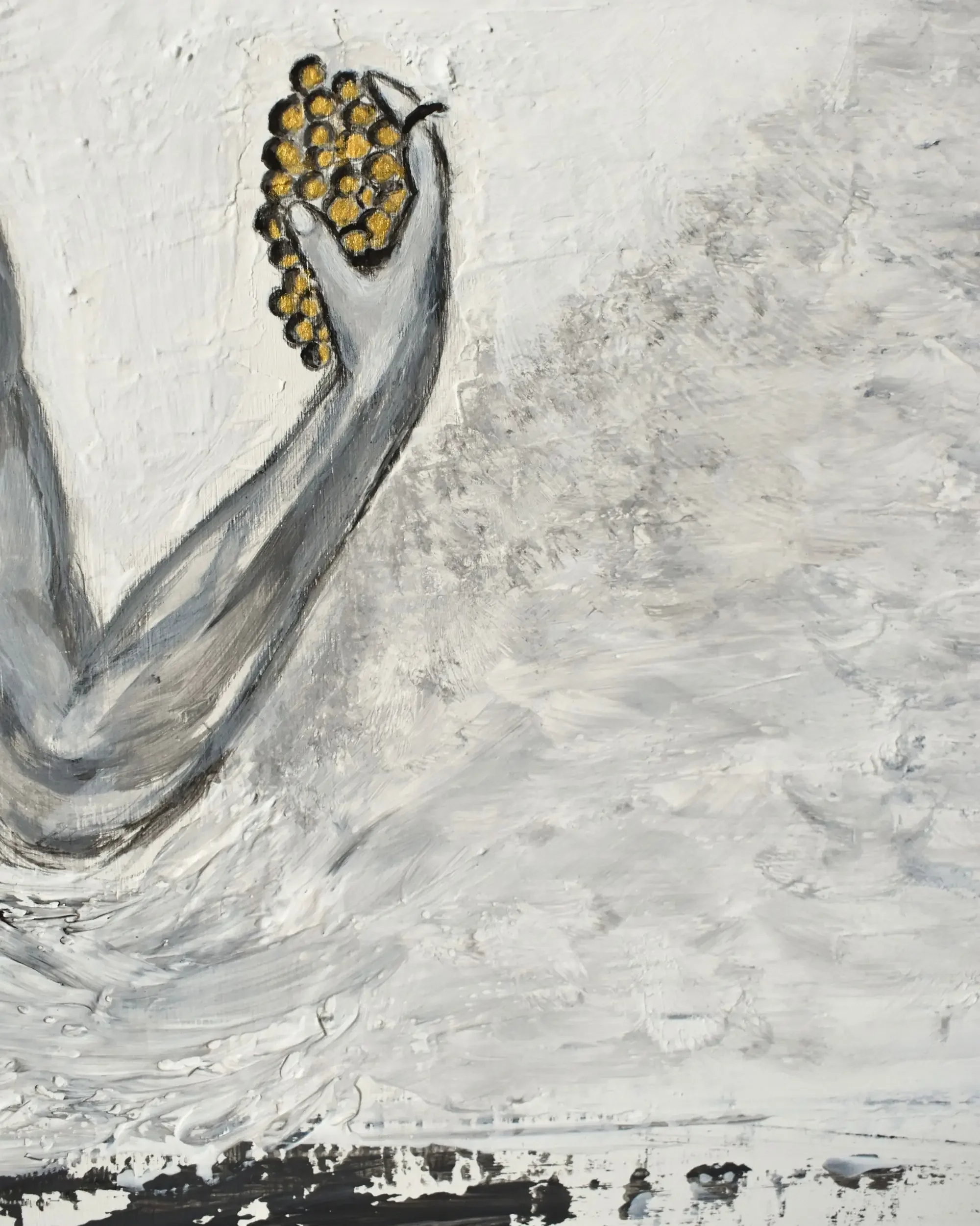 Close-up detail of Bacco. Where do we find peace?, a contemporary artwork by Francesca V Kranz, capturing the hand holding the radiant, luminous cluster of golden grapes as a symbol of life and vitality.
