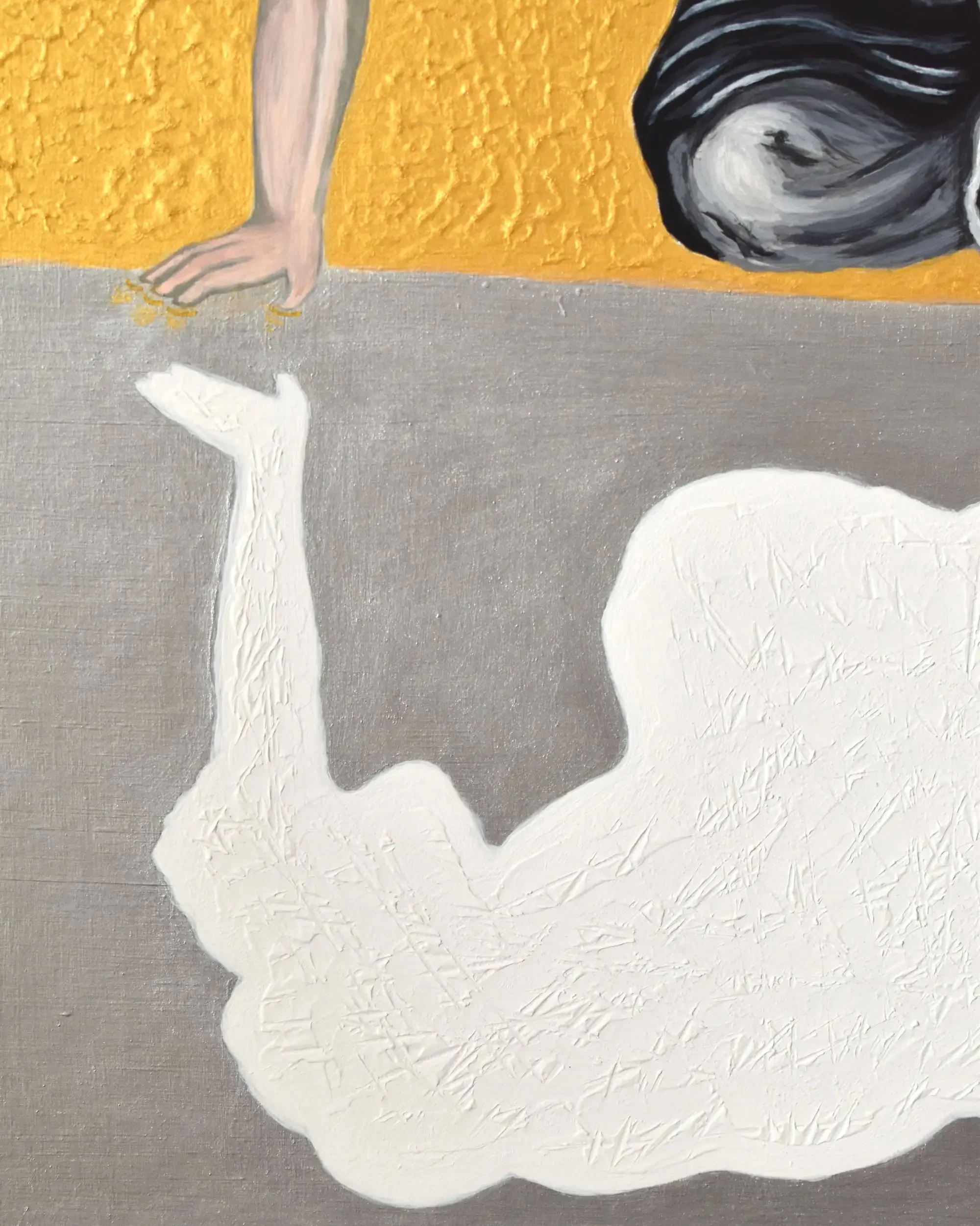 Close-up detail of Narciso. What fills the void?, a contemporary artwork by Francesca V Kranz, focusing on the hand reaching down to touch the chalky, textured white mass of the void.