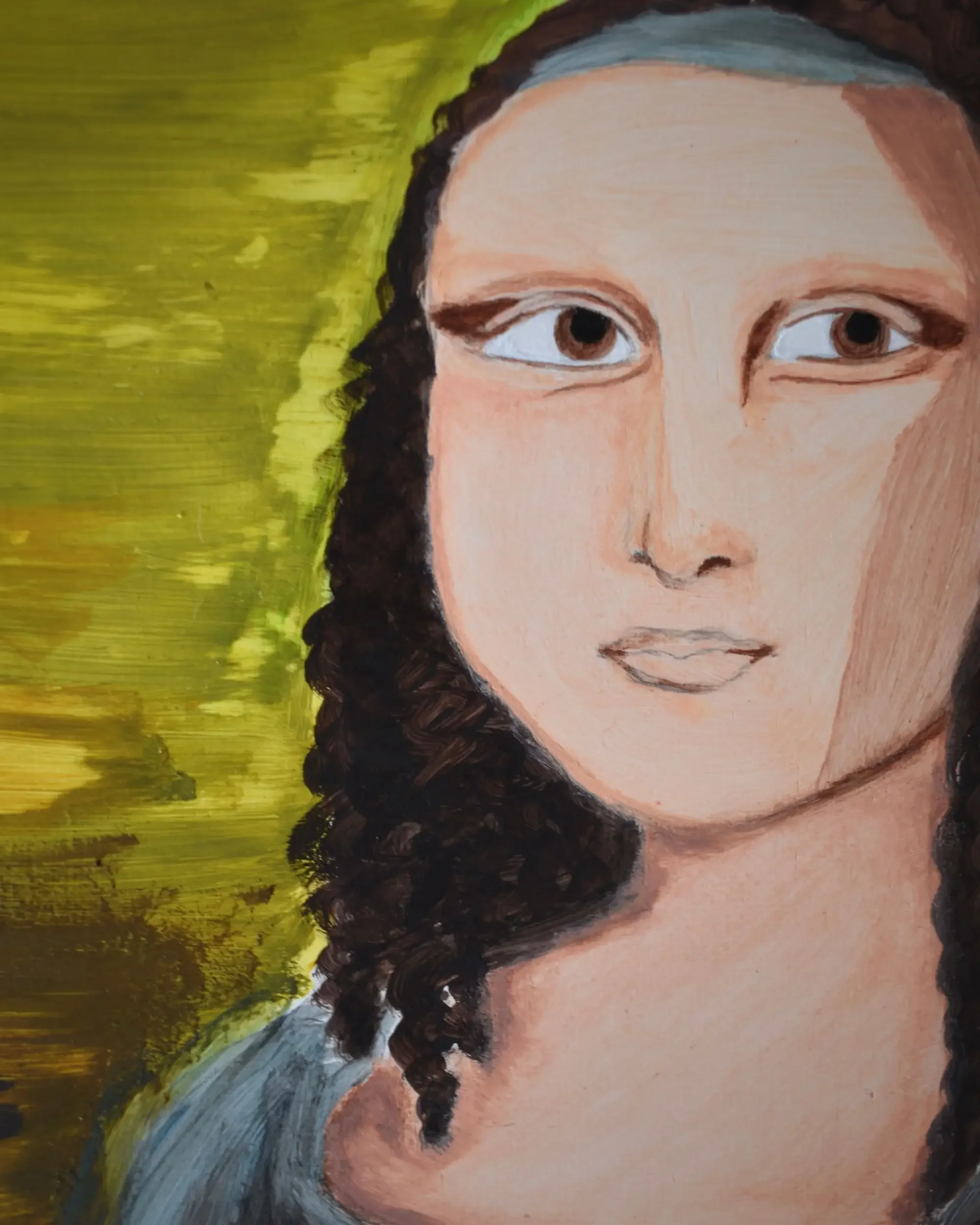 Close-up detail of Monna Lisa. Discomfort Zone: stably unstable., a contemporary artwork by Francesca V Kranz, focusing on the stylized face, expressive eyes looking sideways, and the textured yellow-green brushstrokes in the background.