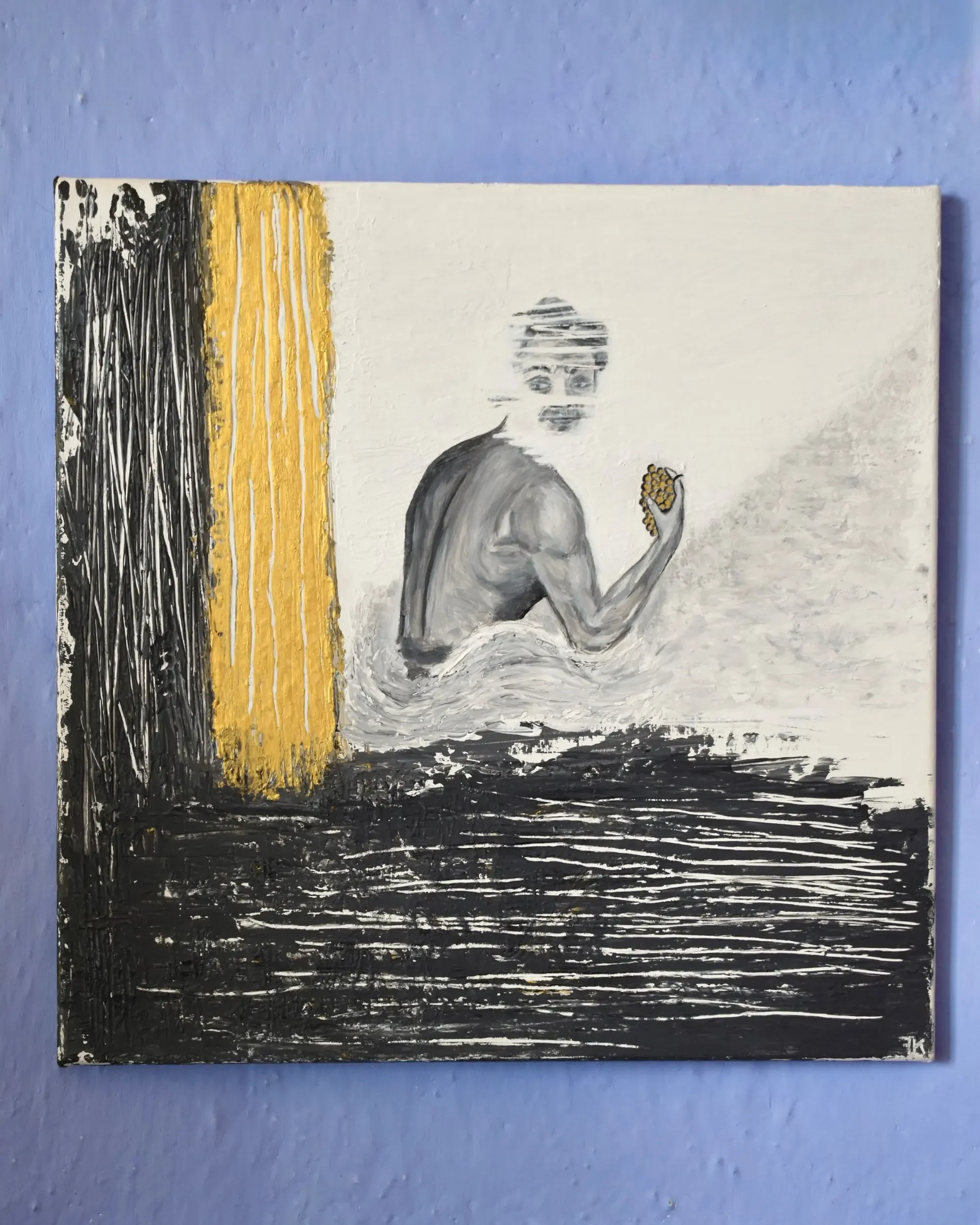 Full view of Bacco. Where do we find peace?, a contemporary artwork by Francesca V Kranz, displaying the painting where the central figure emerges from a dark textured abyss beside a golden pillar, holding a luminous cluster of grapes.