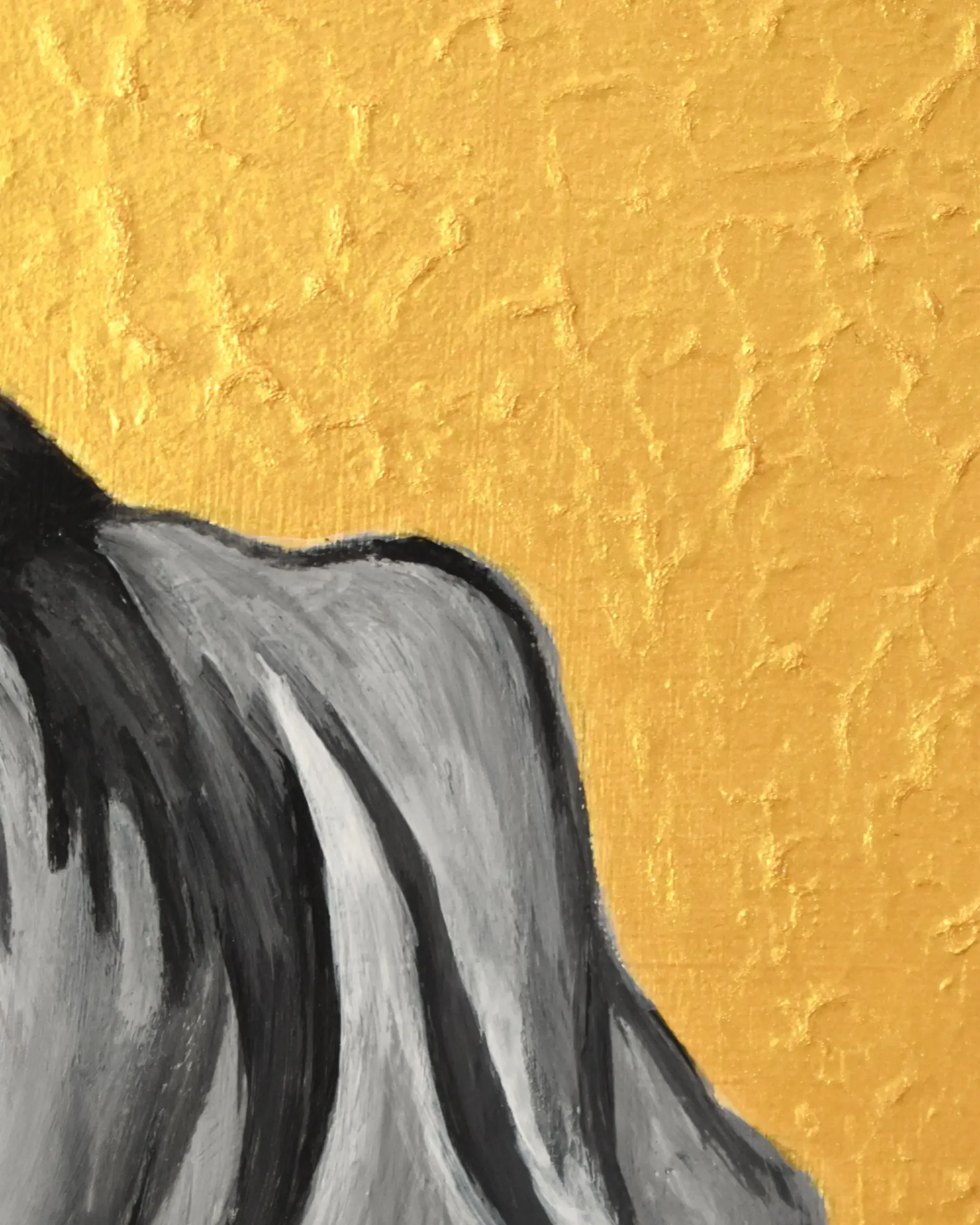 Macro close-up detail of Narciso. What fills the void?, a contemporary artwork by Francesca V Kranz, contrasting the thick, textured gold background with the folds of Narcissus's slate-grey shroud texture.