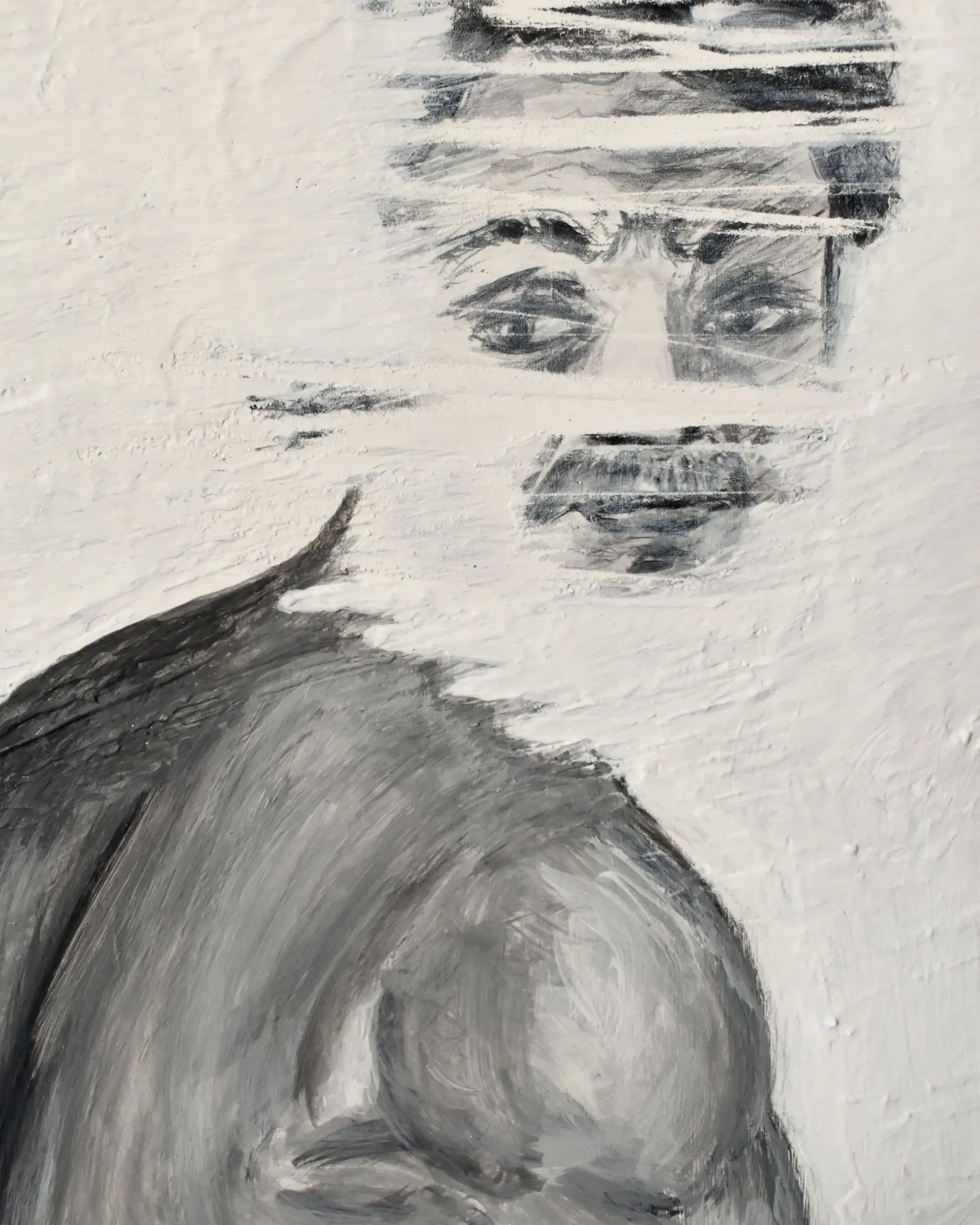 Close-up detail of Bacco. Where do we find peace?, a contemporary artwork by Francesca V Kranz, focusing on the dissolving grey monochrome portrait and the thick chalky white layers blurring the features.
