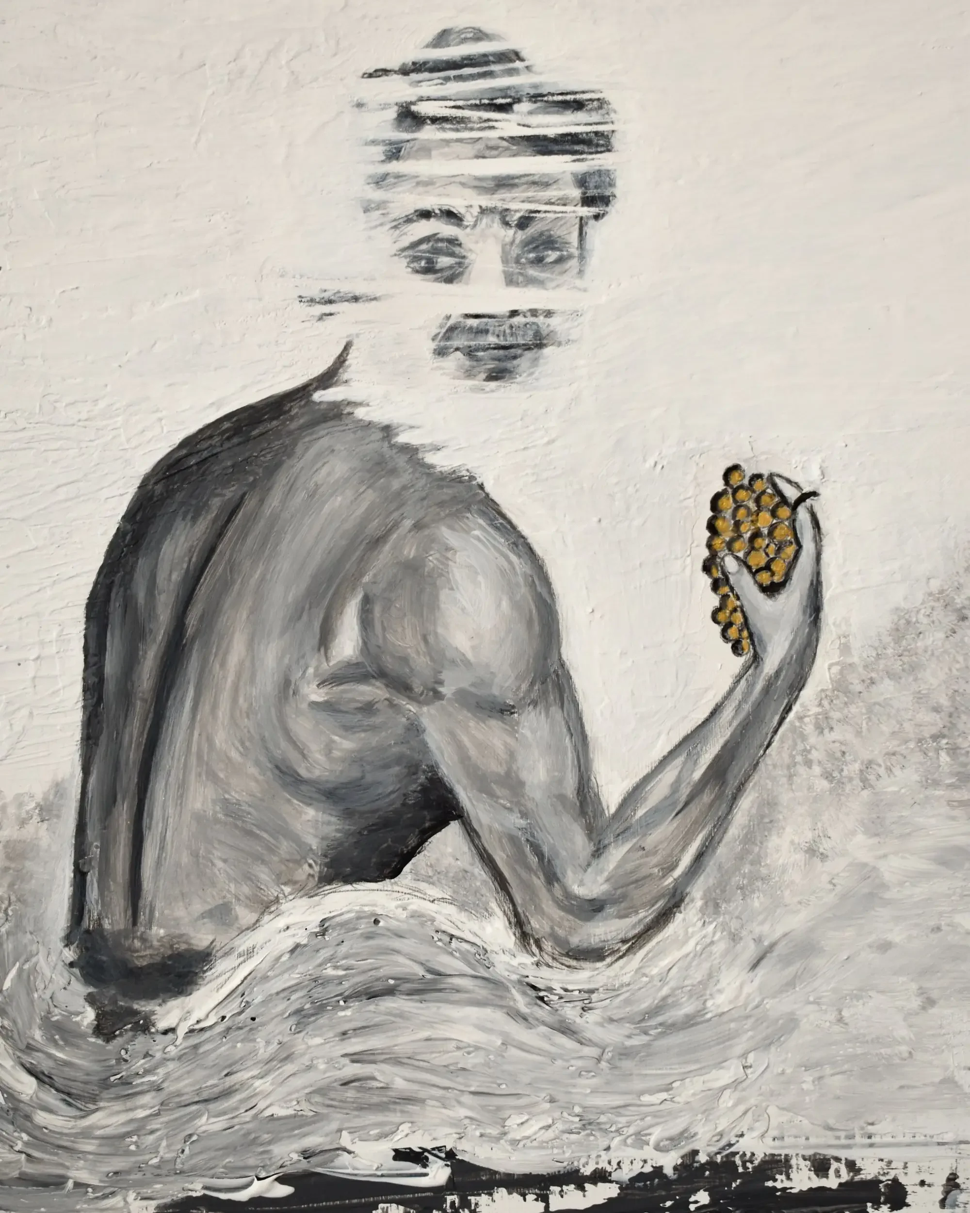 Close-up detail of Bacco. Where do we find peace?, a contemporary artwork by Francesca V Kranz, focusing on the full figure of the man in grey monochrome seen from the back, emerging from the white textured void and holding the golden grapes.