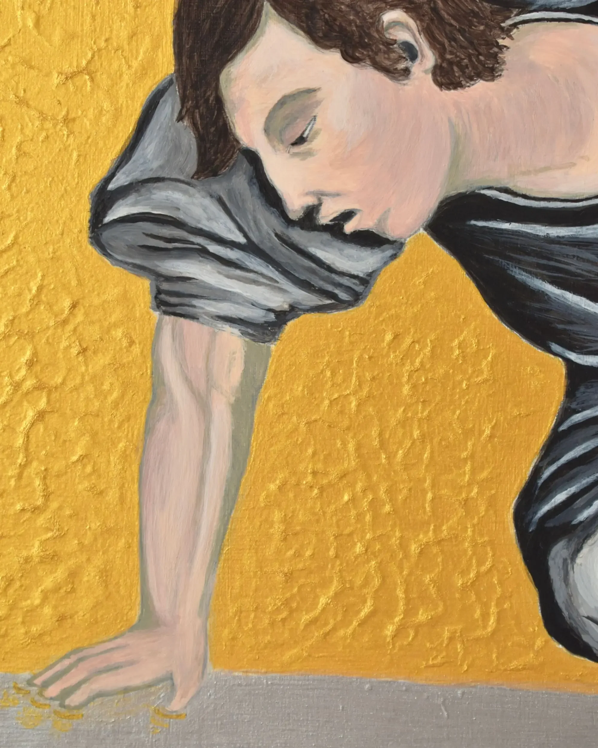 Close-up detail of Narciso. What fills the void?, a contemporary artwork by Francesca V Kranz, capturing the figure's posture of despair and outstretched hand against a vibrant textured gold background.