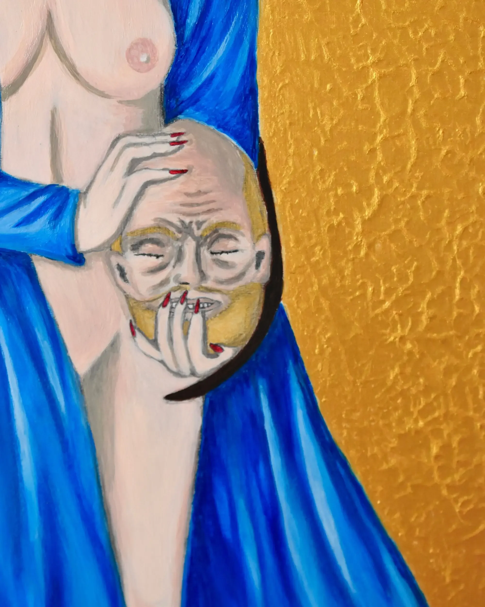 A detailed medium shot of Giuditta e Oloferne. Who is the victim?, a contemporary artwork by Francesca V Kranz, showing Judith's nude torso next to Holofernes' severed head against a textured gold background.