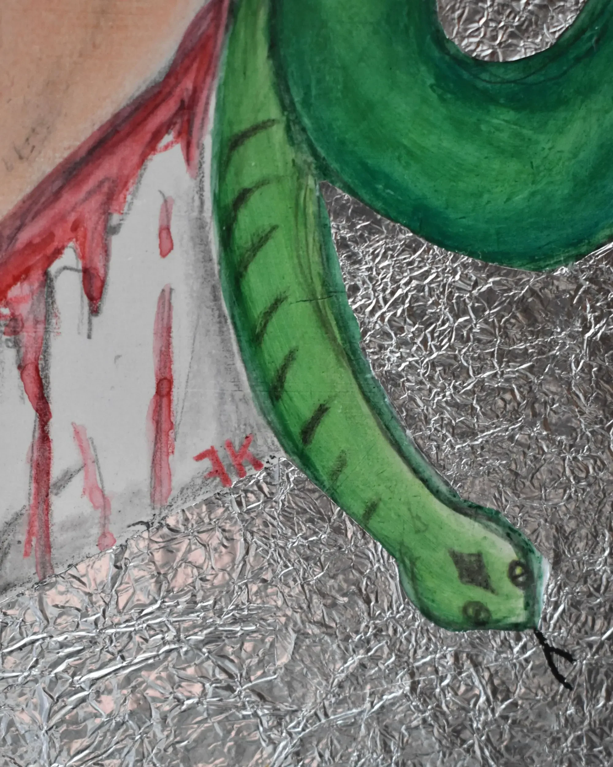 Macro detail of Medusa. Mirror of Reflections., a contemporary artwork by Francesca V Kranz, showing a green snake and the artist's red initials signature against the textured aluminum background.