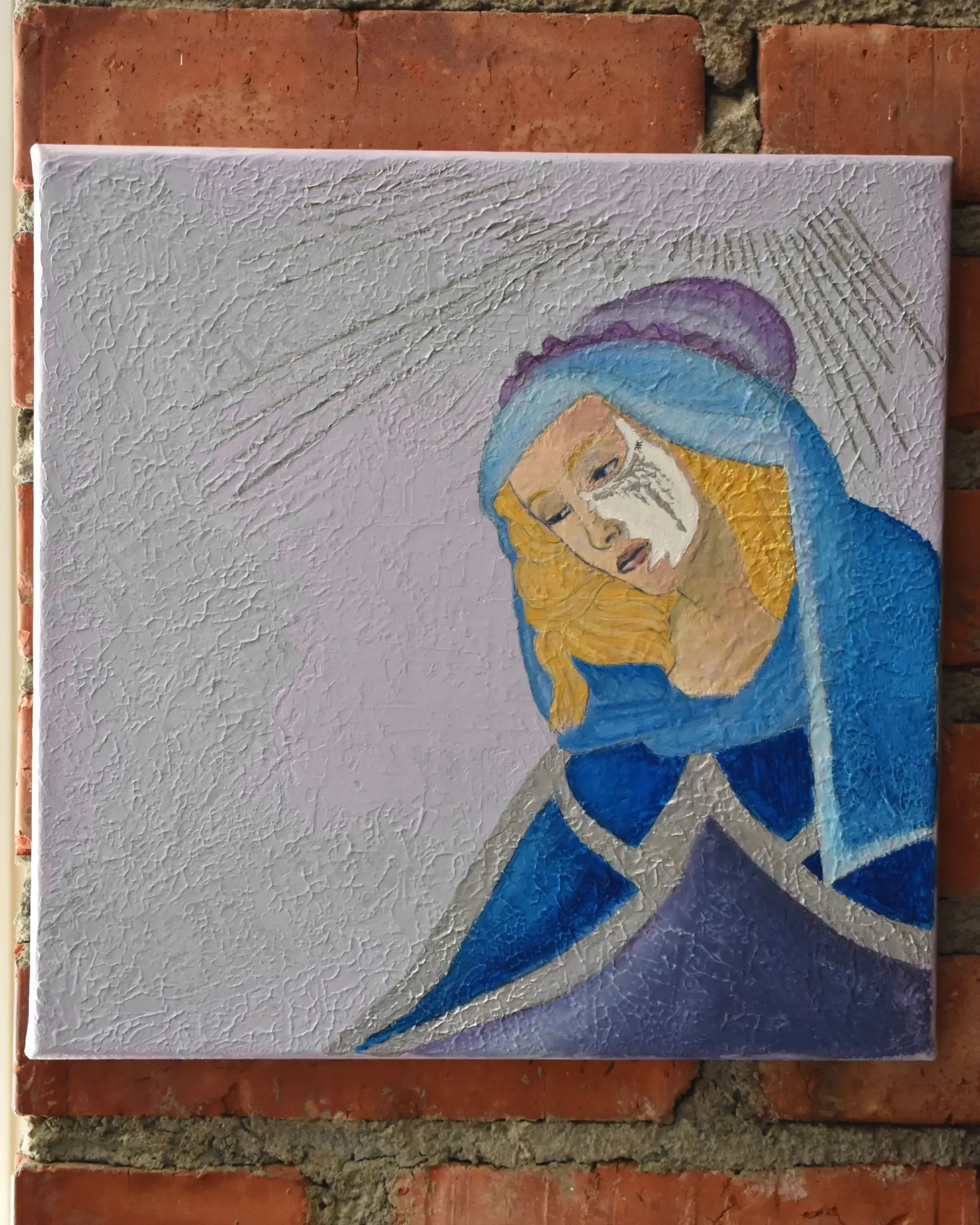 Full canvas view of Madonna. Aura Lacrimarum., a contemporary artwork by Francesca V Kranz, displaying the square painting on a wall to highlight the heavy textured surface and its physical dimensions.