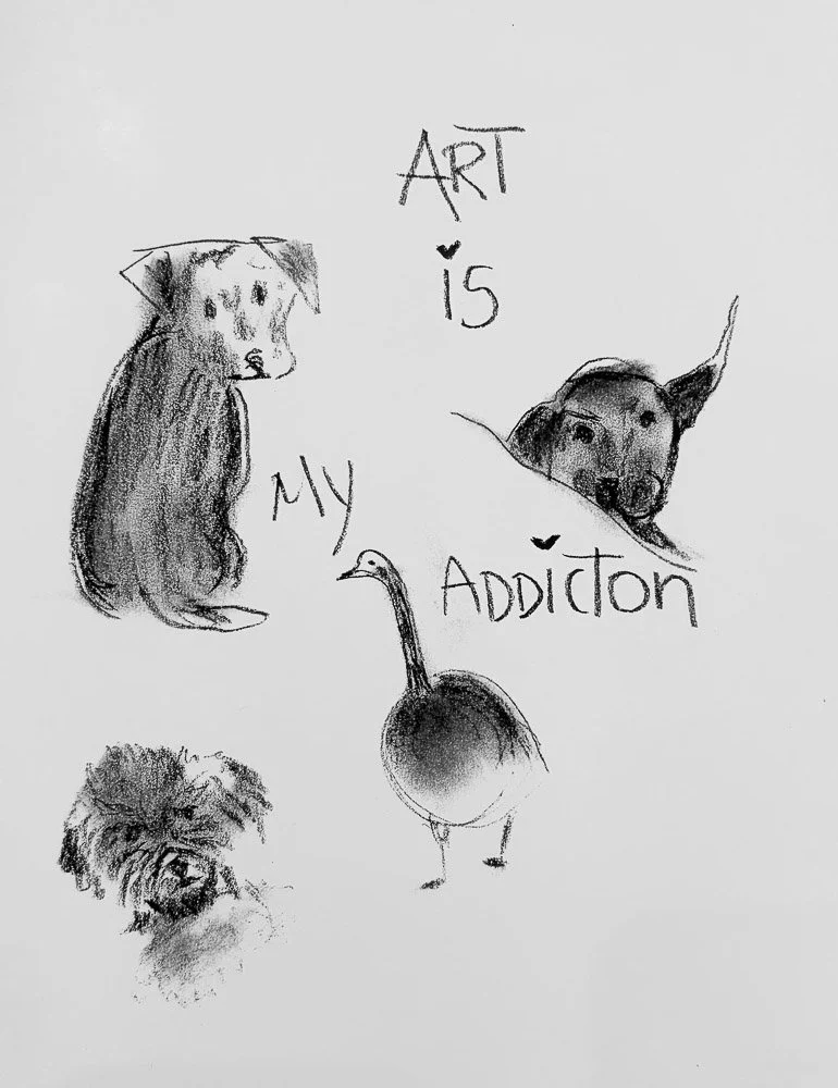Sketches of various dogs with the quote, 'Art is my addiction' in handwritten text.