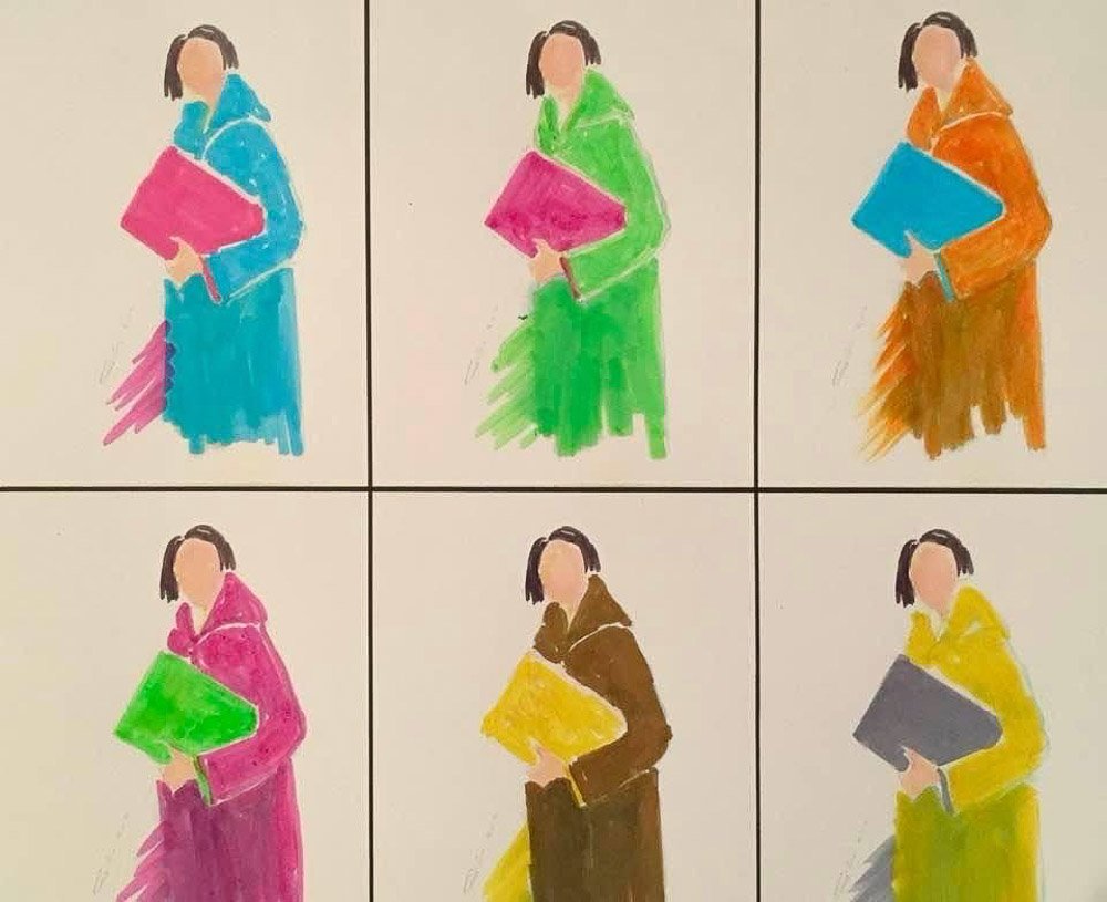 Six colorful sketches of a woman holding a pink book, each in different colors: blue, green, orange, pink, brown, and yellow, arranged in two rows of three.