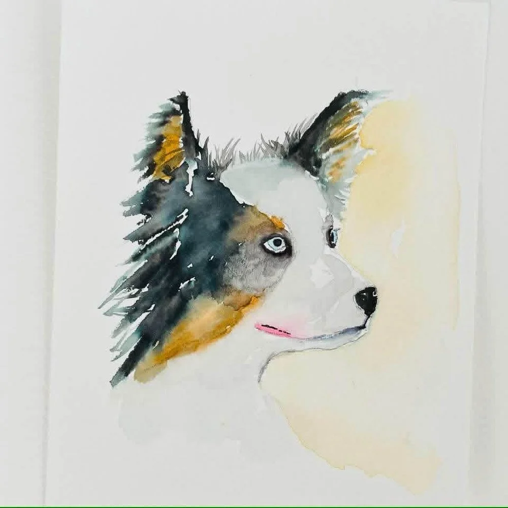 Watercolor painting of a Siberian Husky dog with blue eyes, black and white fur, and some brown accents, facing to the right.