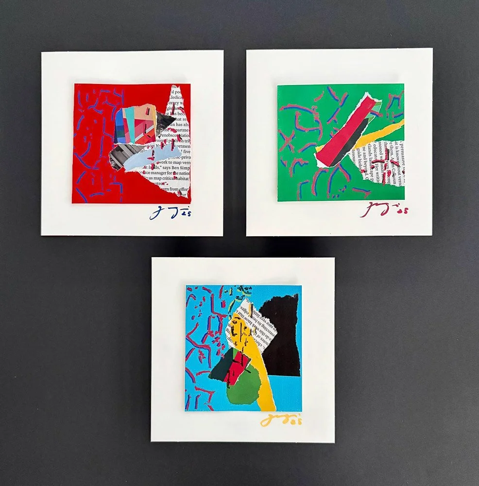 Three small, colorful abstract collages on white backgrounds, arranged in a triangle on a black surface.