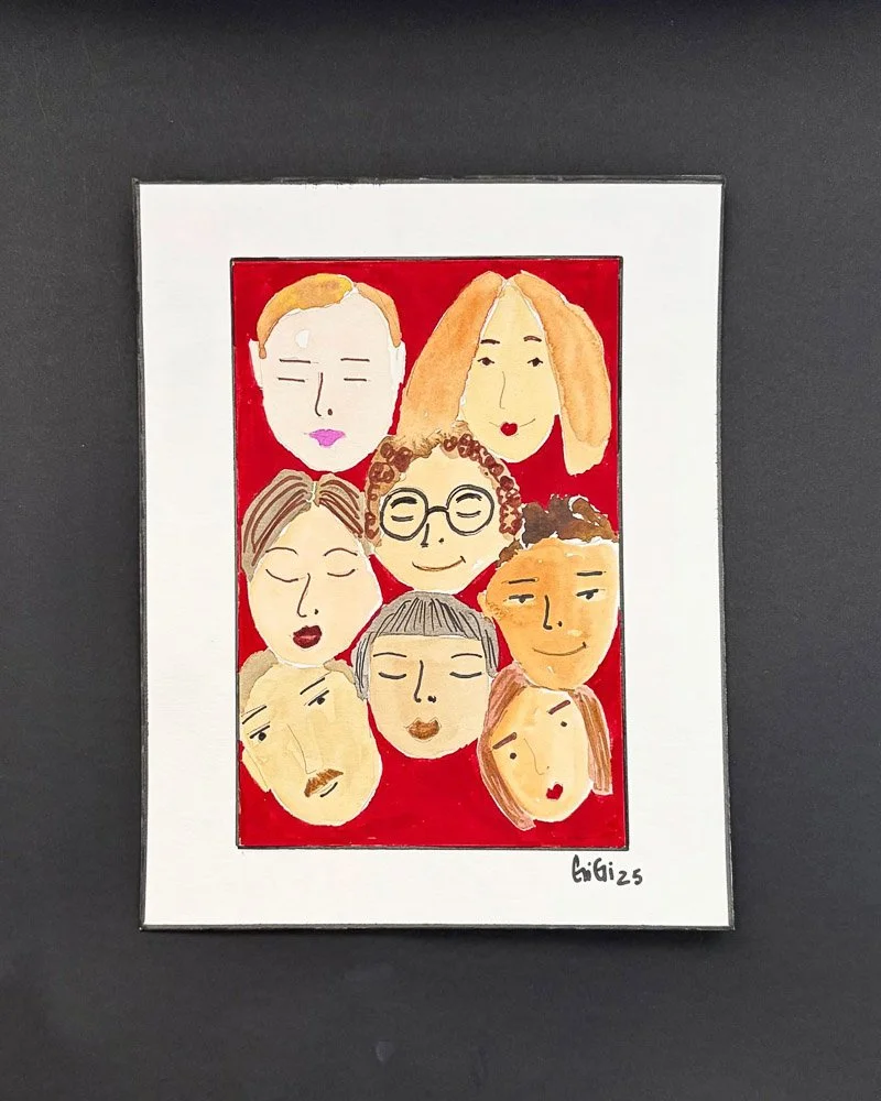 A framed illustration of nine diverse cartoon faces with different hairstyles and expressions on a red background.