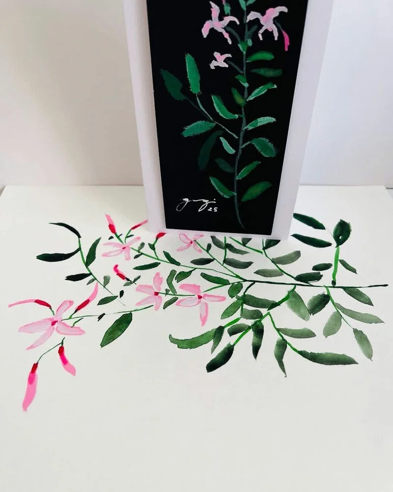 Painted botanical illustration of a flowering plant with pink flowers and green leaves, propped against a white background.