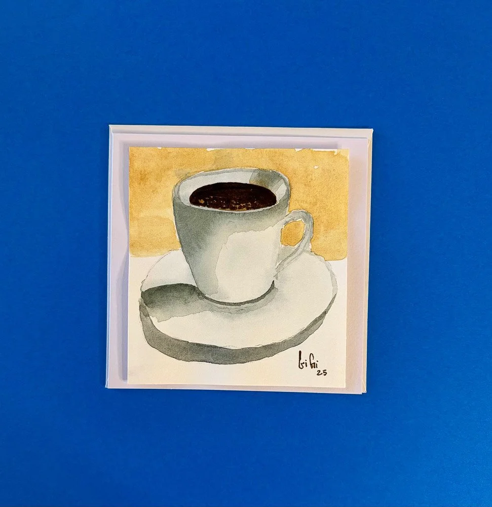 Watercolor painting of a white coffee cup filled with dark coffee on a saucer, with a yellow background, signed 'bibi 25'.