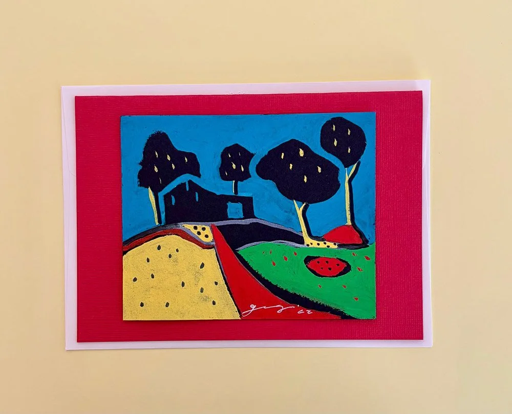 A colorful, abstract painting of a landscape with trees, a house, and a winding path on a yellow background.
