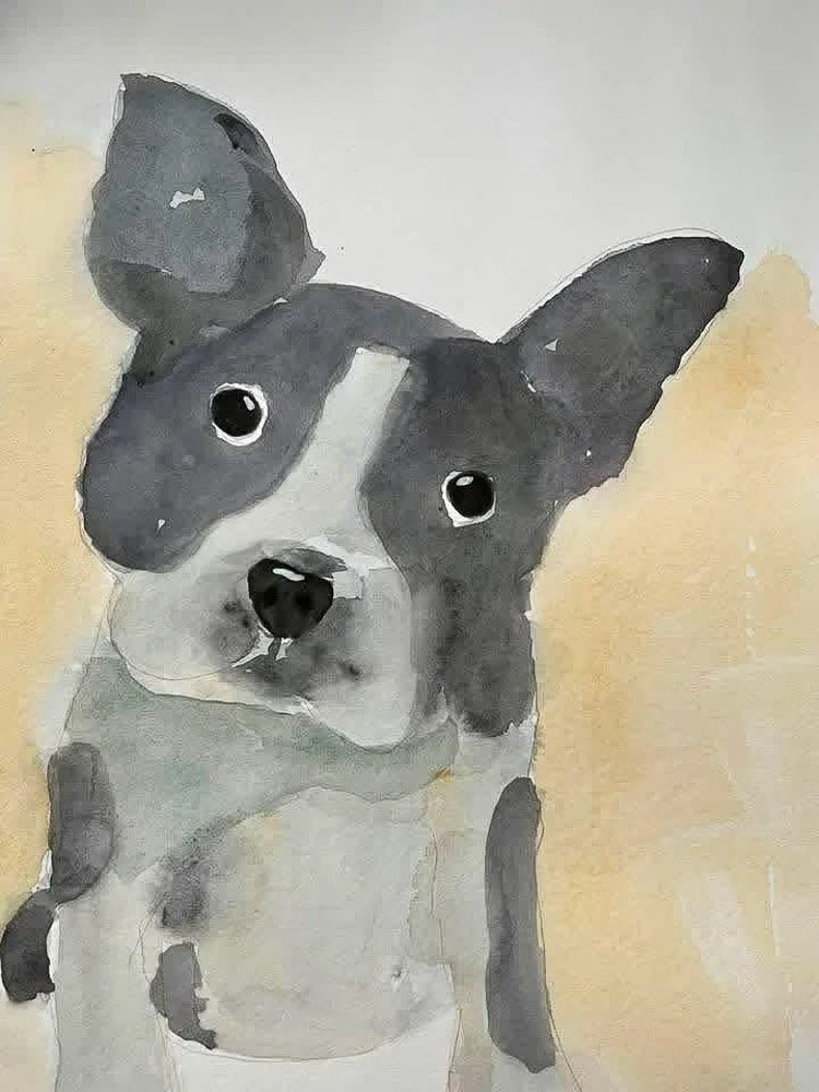 A watercolor painting of a dog with a black and white face, large eyes, and one ear standing upright, set against a light background.