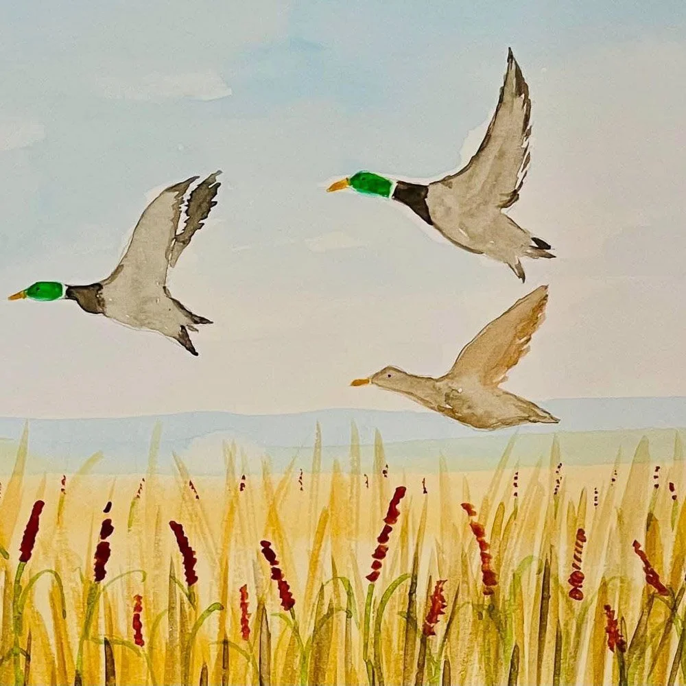 Painting of three ducks flying over a field with tall grasses and a light blue sky.