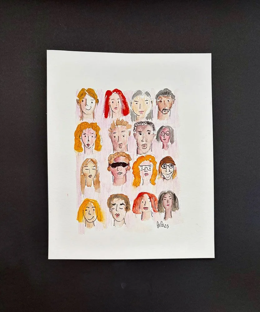 Hand-drawn cartoon portraits of 15 diverse people on white paper, signed by the artist, against a black background.