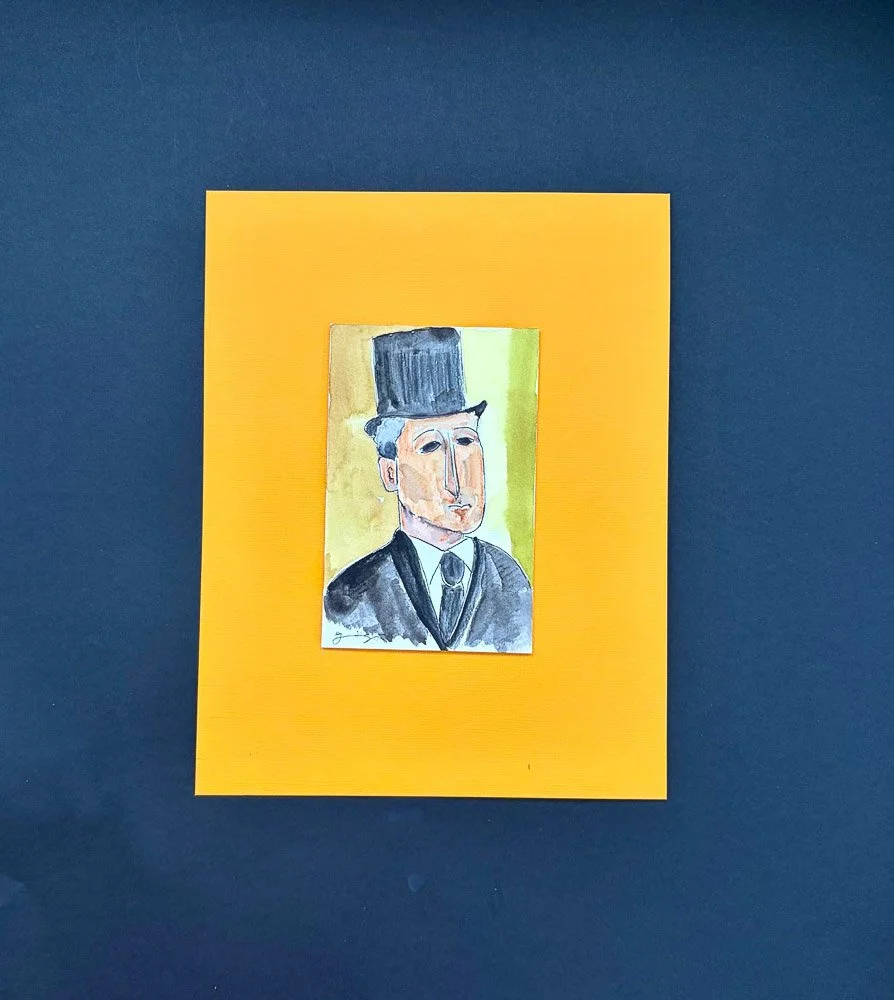 Watercolor painting of a man in a black tuxedo and top hat, set against a yellow background.