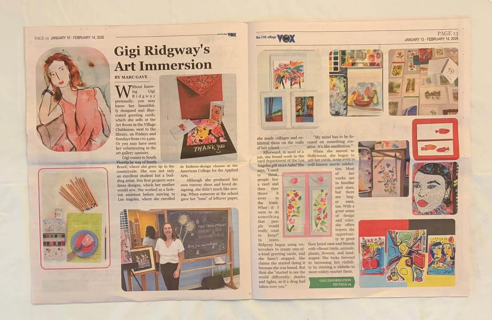 A newspaper article titled "Gigi Ridgway's Art Immersion" featuring images of her artwork, art supplies, and a woman standing in front of a chalkboard with flowers drawn on it.