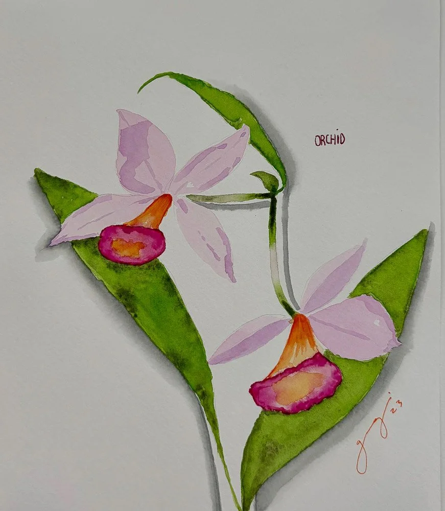 Watercolor painting of two orchids with pink petals, orange and yellow centers, and green leaves, labeled 'ORCHID'.