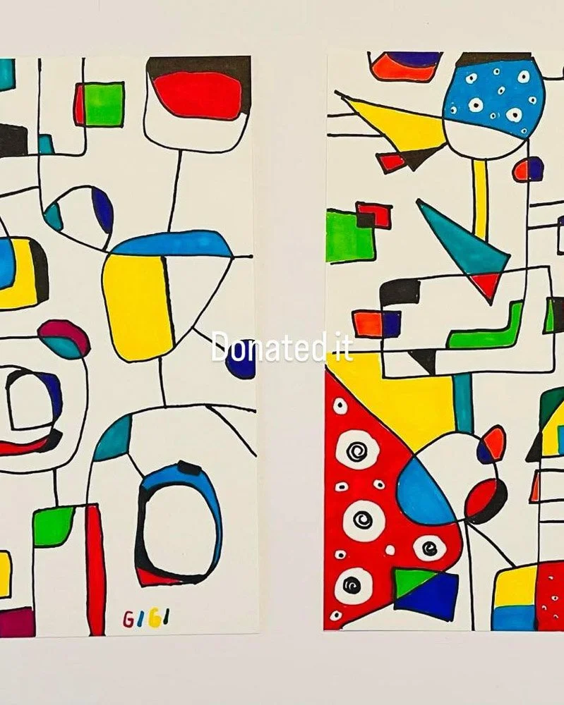 Colorful abstract line drawing with various geometric shapes in red, blue, yellow, green, black, and white, displayed on a white background.