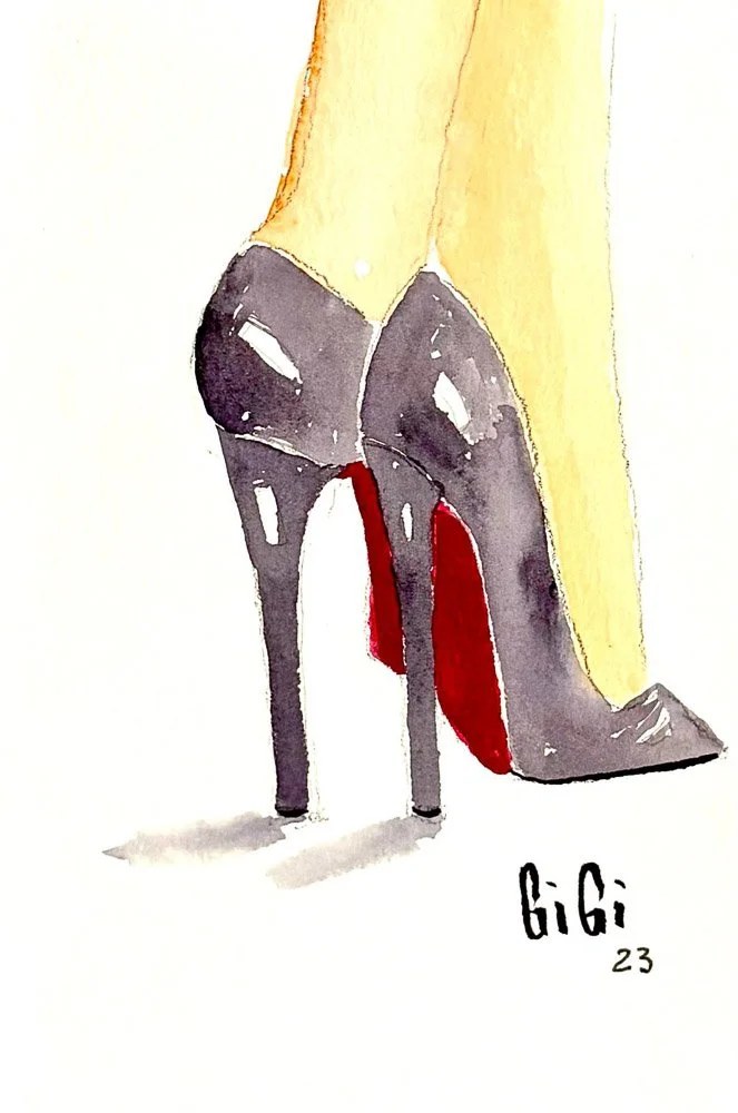 Watercolor illustration of a high-heeled shoe with a black upper and red sole, featuring a tall, beige-colored leg.