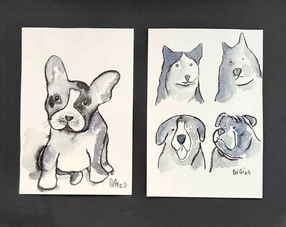 Two sheets of paper with black and gray watercolor pet illustrations on a dark background. The left sheet features a detailed illustration of a dog resembling a French Bulldog. The right sheet has four simplified dog faces, including a Siberian Husky