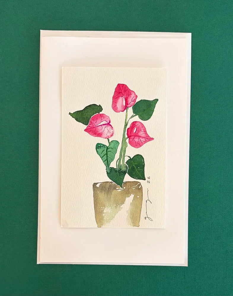 Watercolor painting of a pink flowering plant in a light brown pot, with caption 'bloom 22', on a green background.