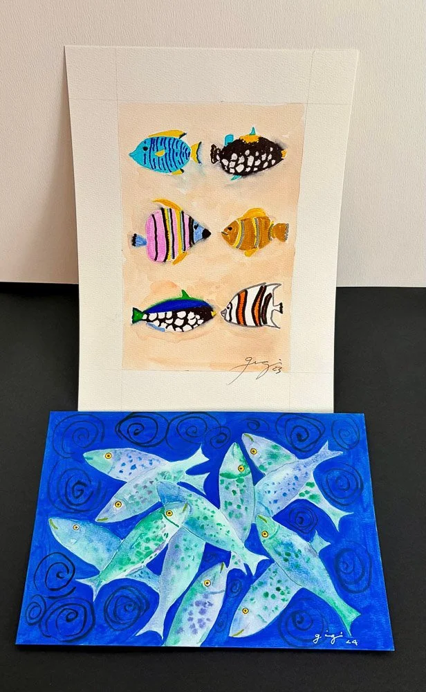 Two sets of colorful fish paintings, one with six fish on a white background and one with multiple fish on a blue background.
