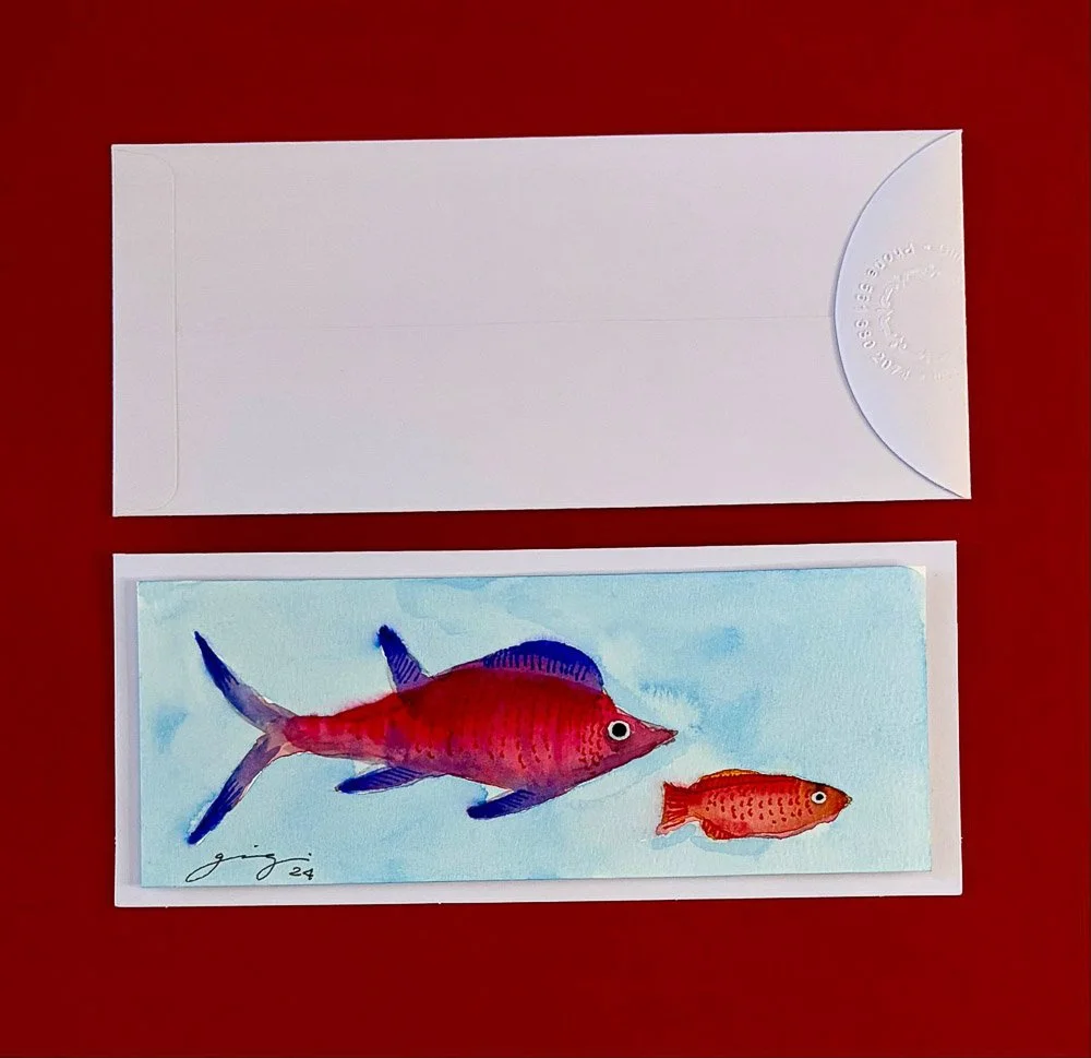 Watercolor painting of two fish, one large and one small, against a blue sky background. The larger fish is red with purple accents on its fins, and the smaller fish is orange-red. The painting is signed with the initials 'g j' and the year 2024.