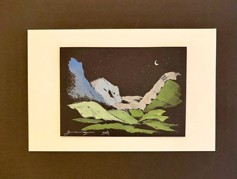 A landscape painting of mountains under a starry night sky with a crescent moon, featuring green hills and rugged peaks.