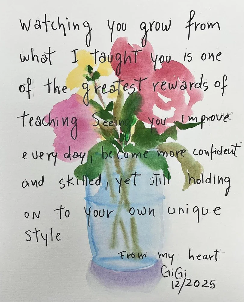 A handwritten note with a watercolor illustration of a flower bouquet in a blue vase. The note contains a heartfelt message about teaching, confidence, and style, signed by Giggi with a date of 12/2025.