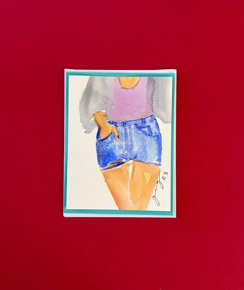 Watercolor painting of a woman in denim shorts and a purple top with a gray jacket, holding a drink, against a red background.