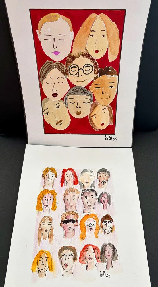 Two pages of colorful hand-drawn portraits of various women, with the top page featuring larger, more detailed faces and the bottom page containing smaller, simpler sketches. Both pages are signed "chi liz".