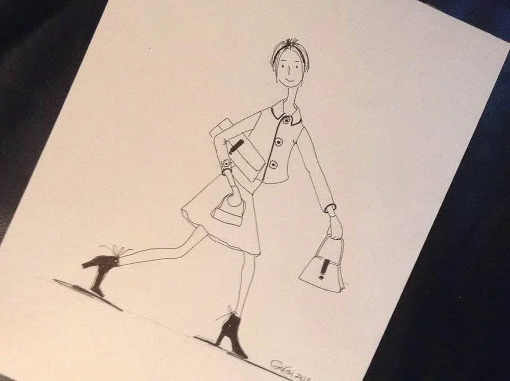 Line drawing of a woman in a skirt and ankle boots, carrying a shopping bag and a box, with an exclamation mark on her handbag.
