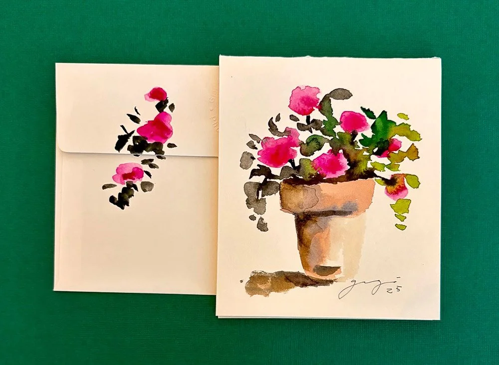 Watercolor painting of pink flowers in a terracotta pot, with the artist's signature and date.