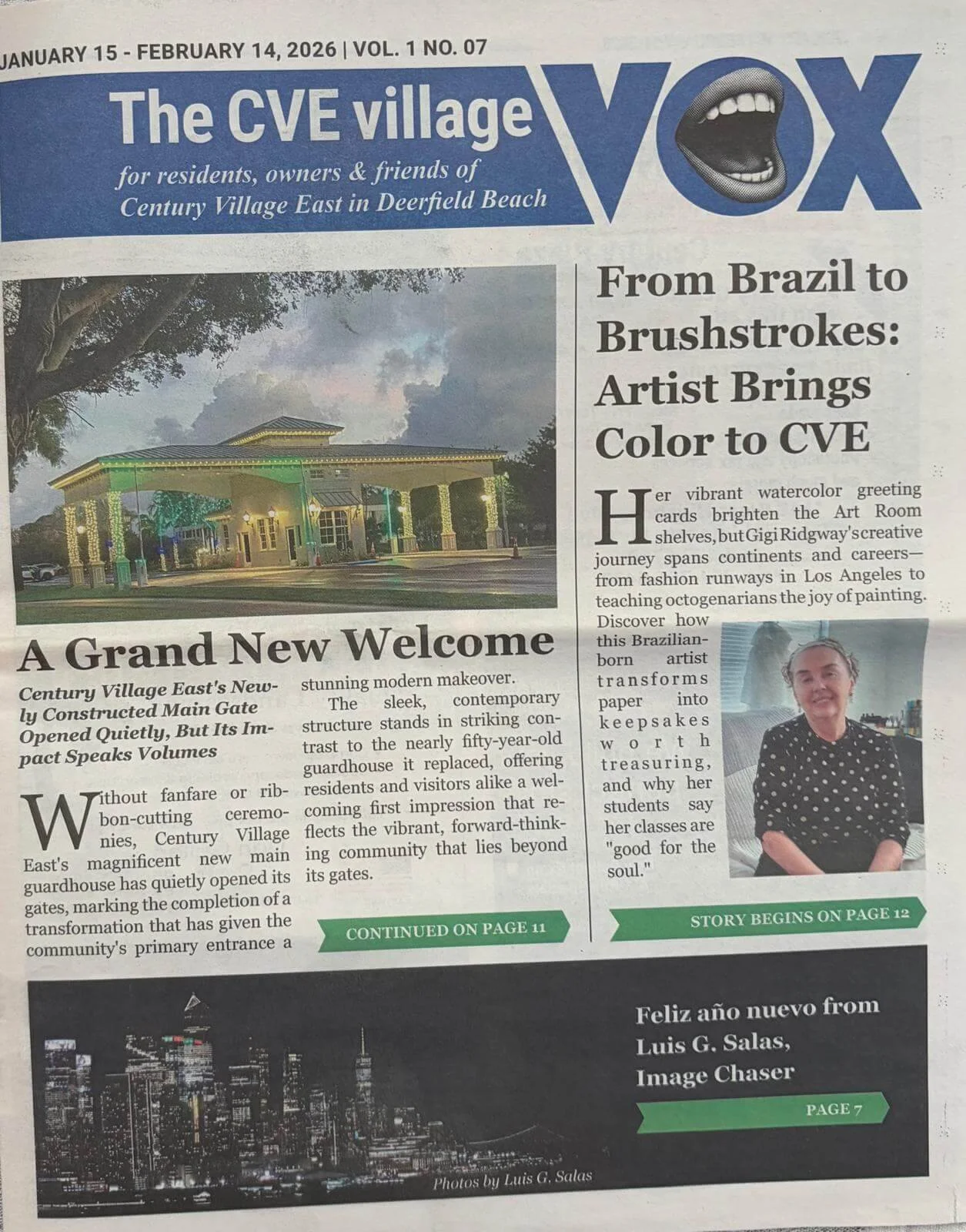 Front page of a community newsletter titled "The CVE village VOX" dated January 15 - February 14, 2026. Features images of a decorated main gate of Century Village East, a woman smiling in a polka-dot shirt, and a city skyline at night.