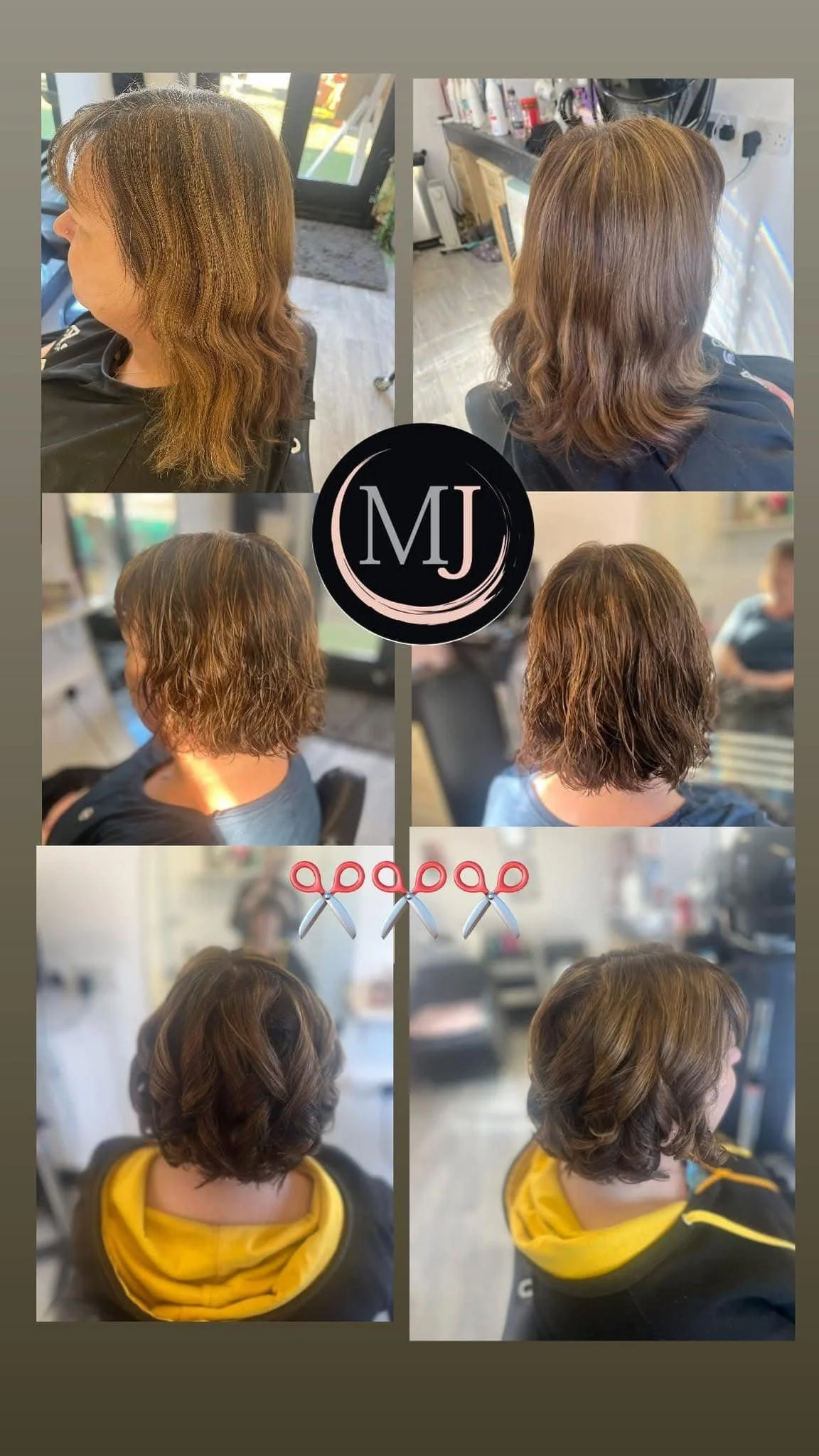 A collage of before and after photos showing a woman's haircut transformation. The top row shows her long, wavy hair before the cut, and the middle row shows her medium-length, curly hairstyle after the cut. The bottom row displays her shorter hairstyle with less curl. In the center, there's a logo with the initials "MJ" and scissors icons underneath.