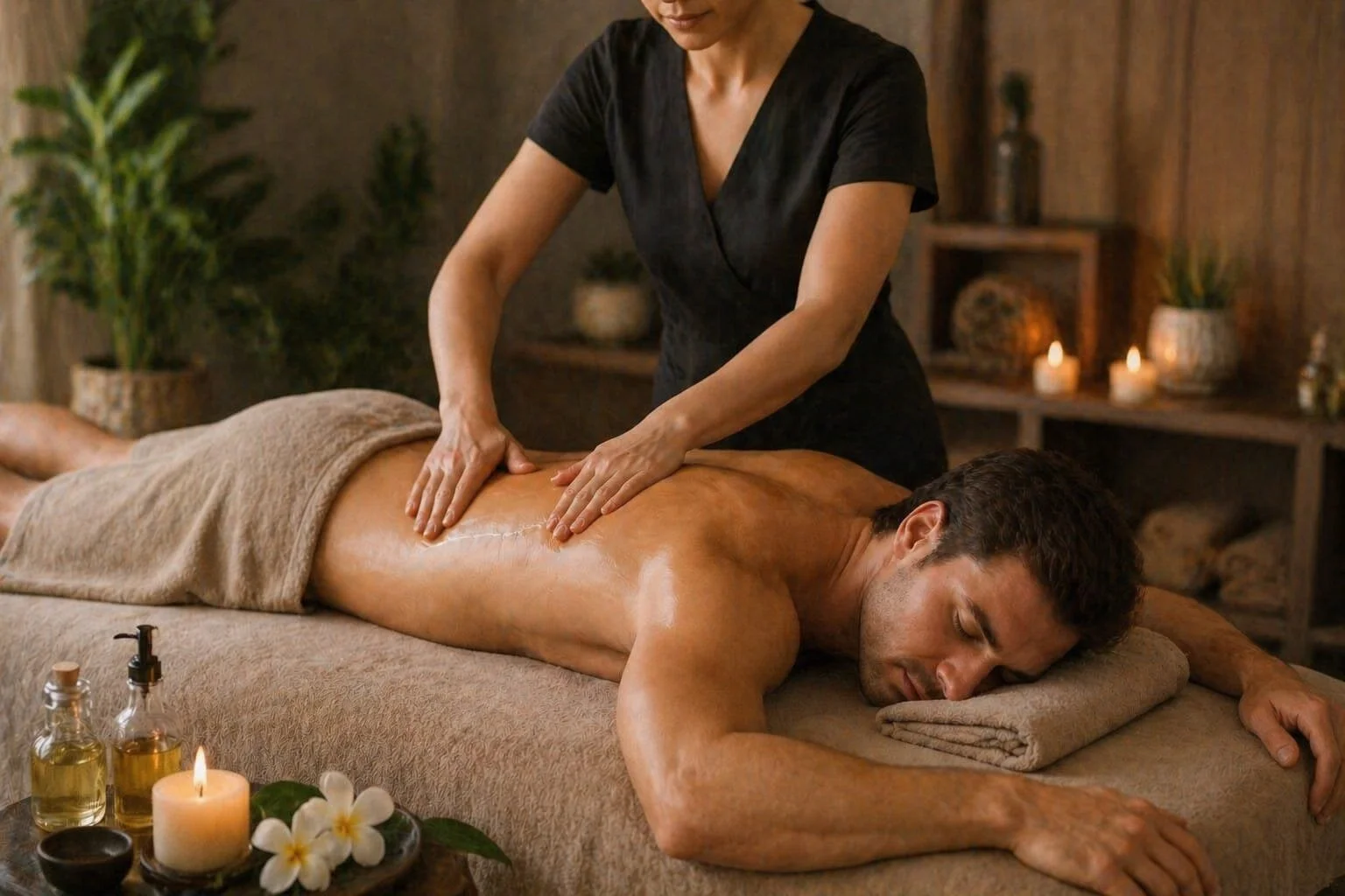 Mann erhält eine Rückenmassage in einem Spa, umgeben von Kerzen und Dekorationen.