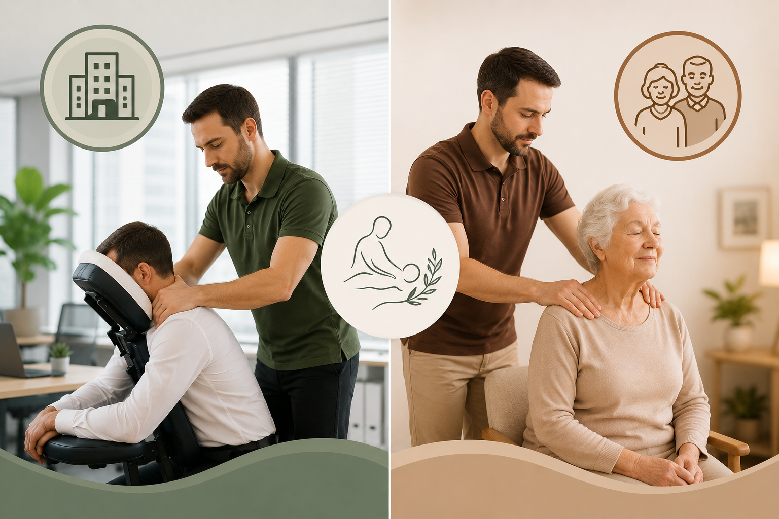 Zwei Pflegekräfte, die einen älteren Mann in einem Büro massieren, auf der rechten Seite eine Pflegekraft, die eine ältere Frau im Pflegeheim massiert, Symbole für Büro, Pflege und Betreuung.