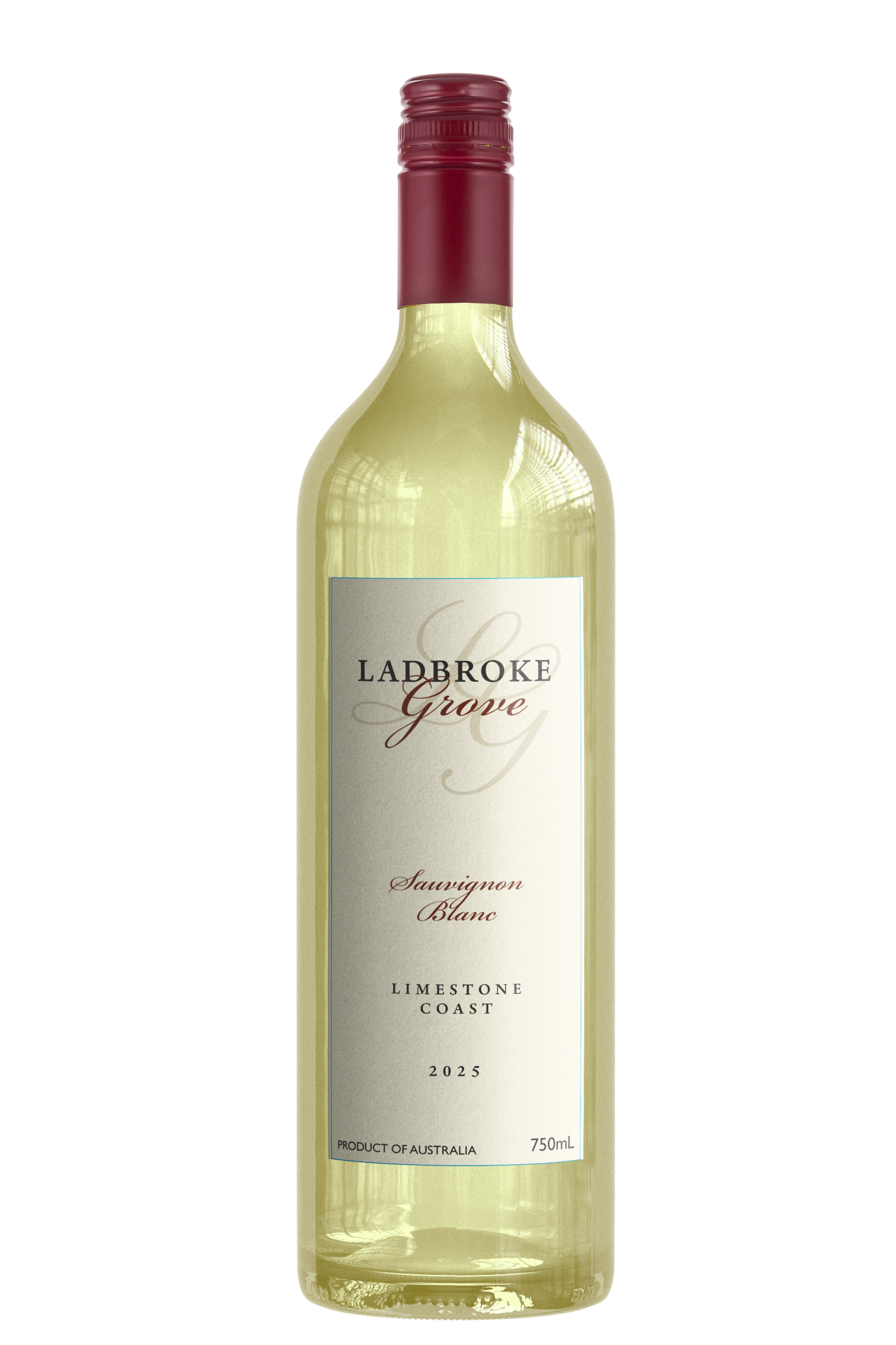 A bottle of Ladbroke Grove Sauvignon Blanc white wine with a white label and maroon screw cap, standing against a dark background.