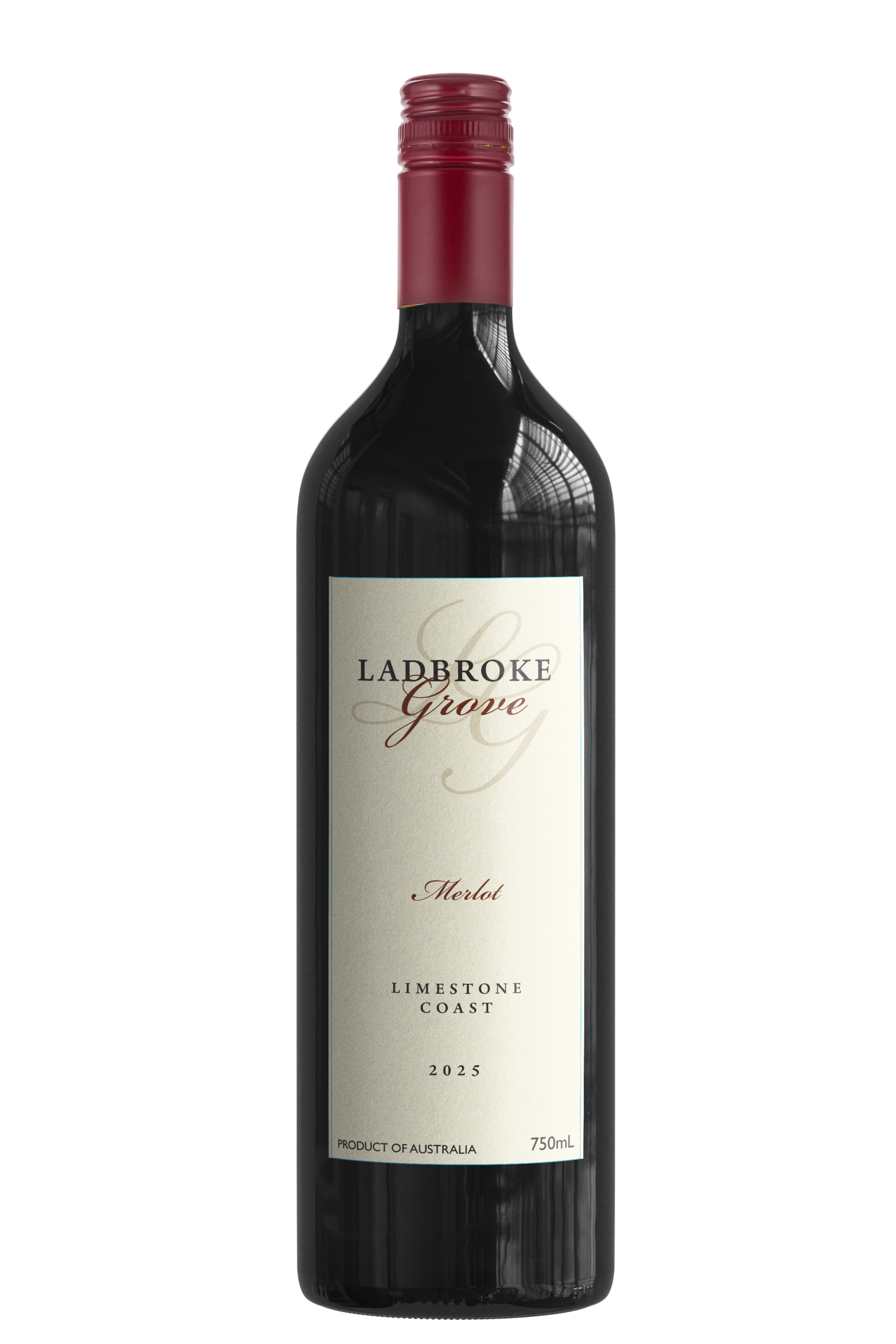 A bottle of Ladbroke Grove Merlot wine from Limestone Coast, Australia, 2025 vintage, with a red cap, shiny black glass, and a white label displaying the wine's name and origin.