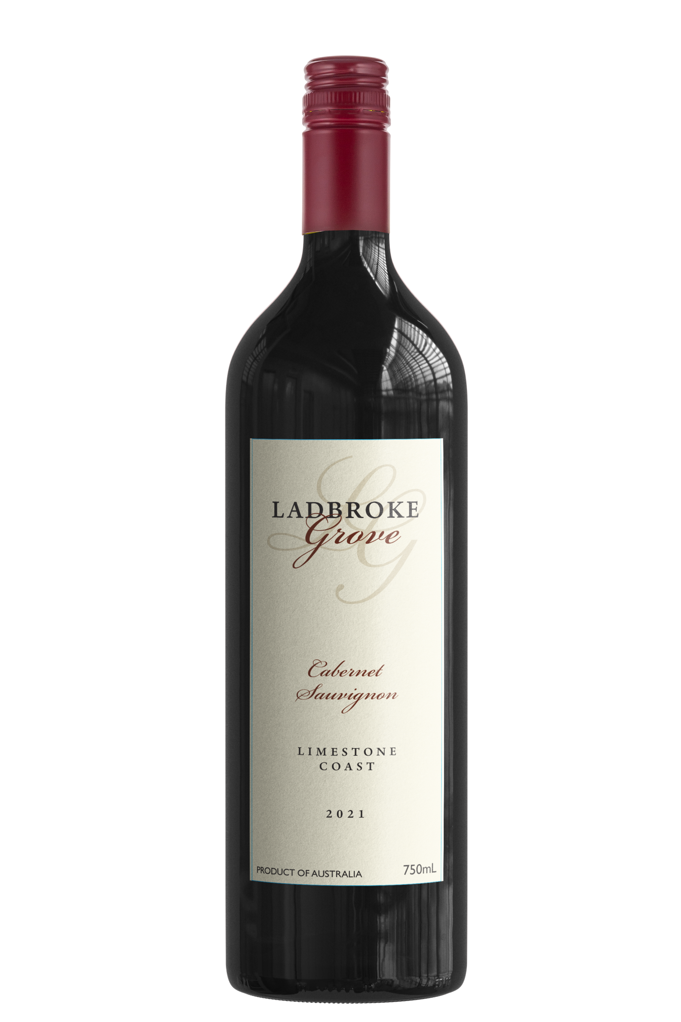 A bottle of Ladbroke Grove Cabernet Sauvignon wine with a white label indicating it is from Limestone Coast, Australia, vintage 2021, 750ml.