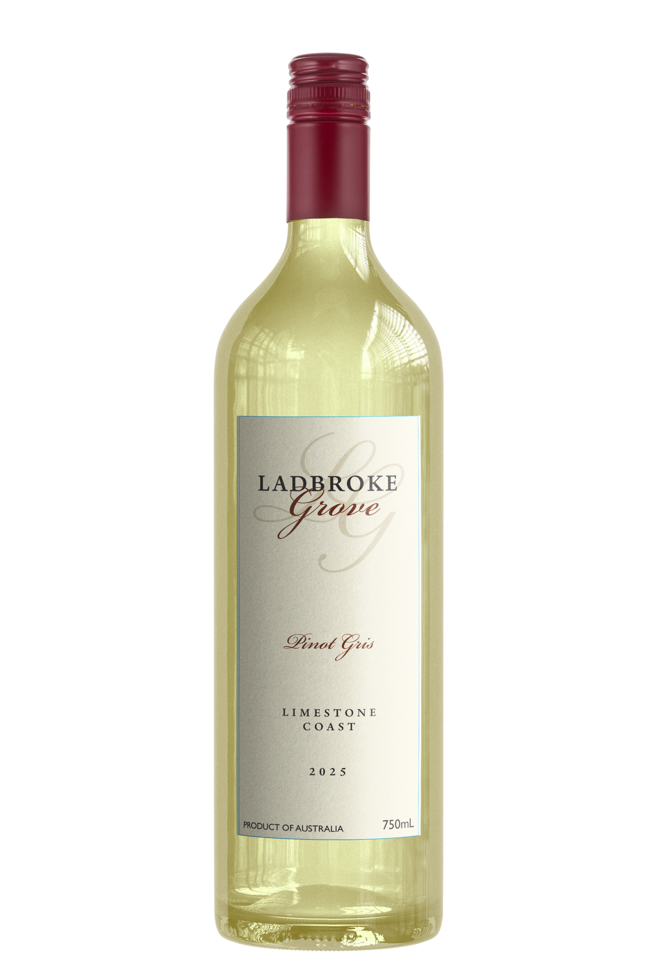 A white wine bottle with a maroon cap, labeled 'Ladbroke Grove Pinot Gris Limestone Coast 2025, 750ml, product of Australia' on a reflective surface.