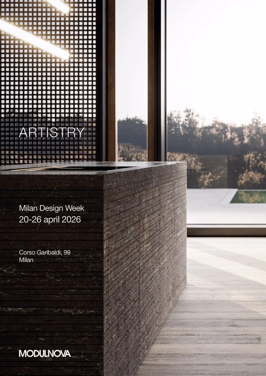 Poster di un evento di design intitolato 'ARTISTRY', che si terrà a Milano dal 20 al 26 aprile 2026, presso Corso Garibaldi, 99. Lo sfondo mostra un interior moderno con una grande finestra, una parete con un pannello di legno e una superficie in pietra.