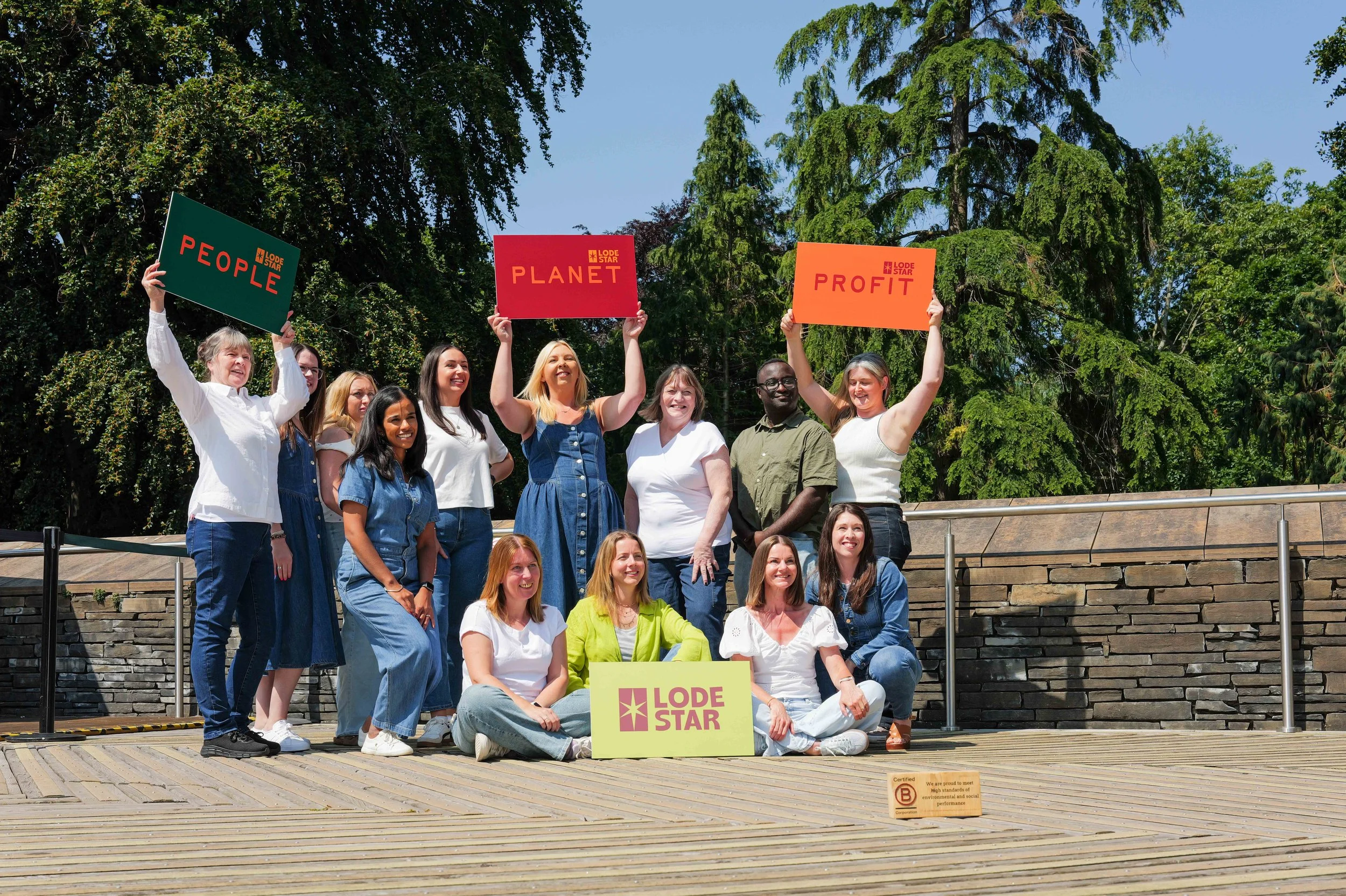 Group of diverse people standing outdoors on a sunny day, holding signs that say 'People,' 'Planet,' and 'Profit,' with a backdrop of green trees and a clear blue sky.