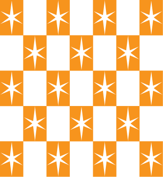 Checkerboard pattern with orange and black squares and black star-like symbols on some black squares.