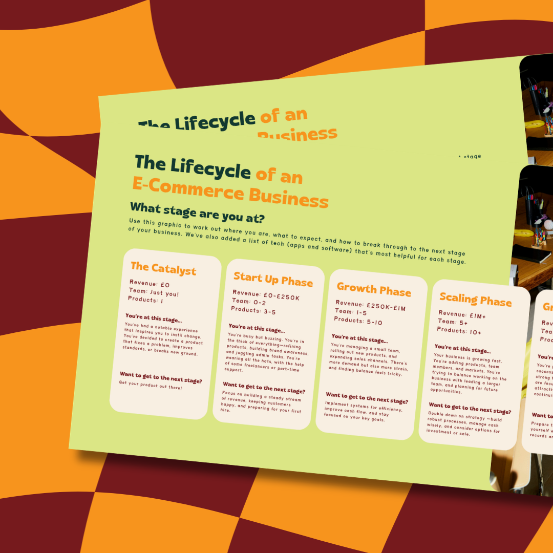 A colorful infographic titled 'The Lifecycle of an E-Commerce Business' displaying different stages from startup to scaling, with descriptions and goals for each stage.