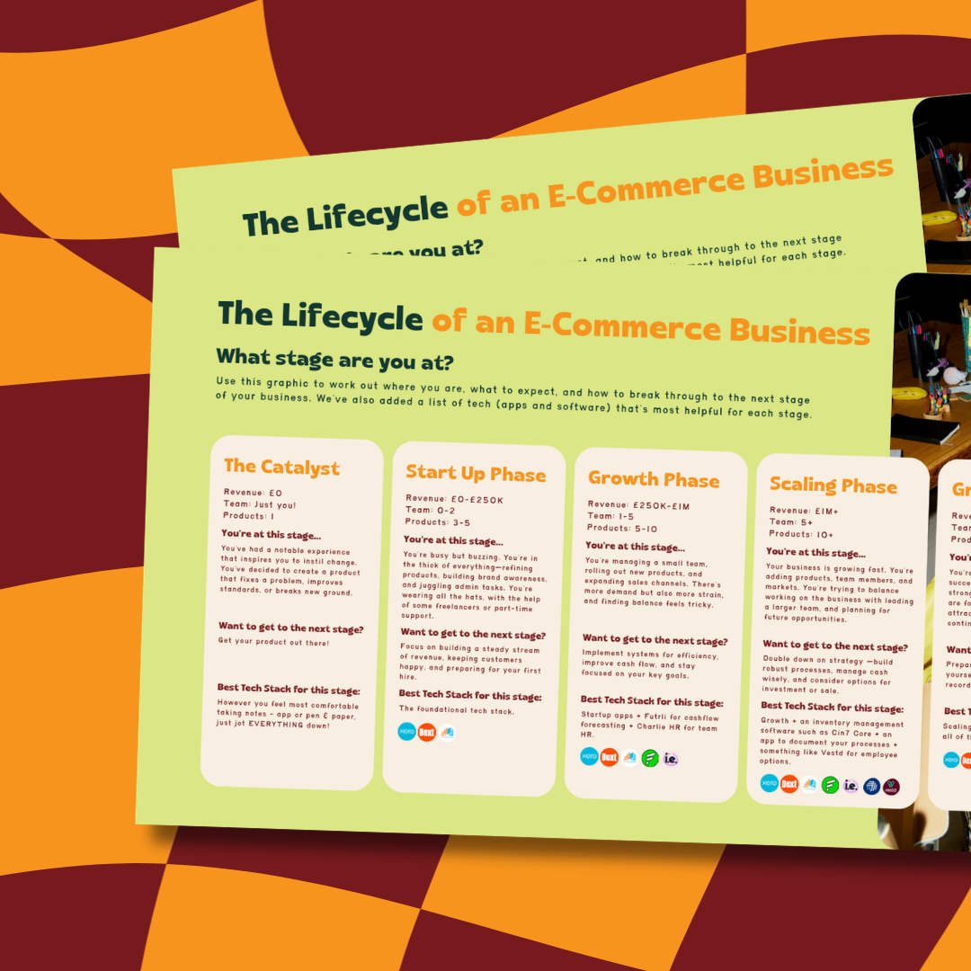 A colorful infographic titled "The Lifecycle of an E-Commerce Business" with sections on different stages such as Catalyst, Start Up Phase, Growth Phase, and Scaling Phase, each detailing revenue, team size, products, and advice for that stage.